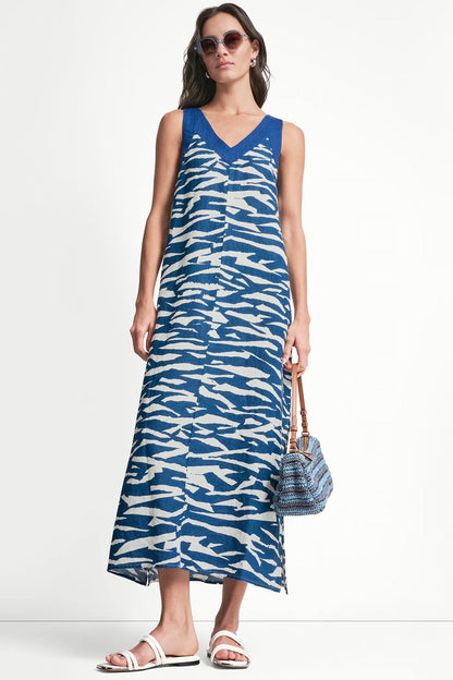 LINEN SLEEVELESS COLOR-BLOCK MIDI DRESS - Tidal Break/Admiral | DKNY