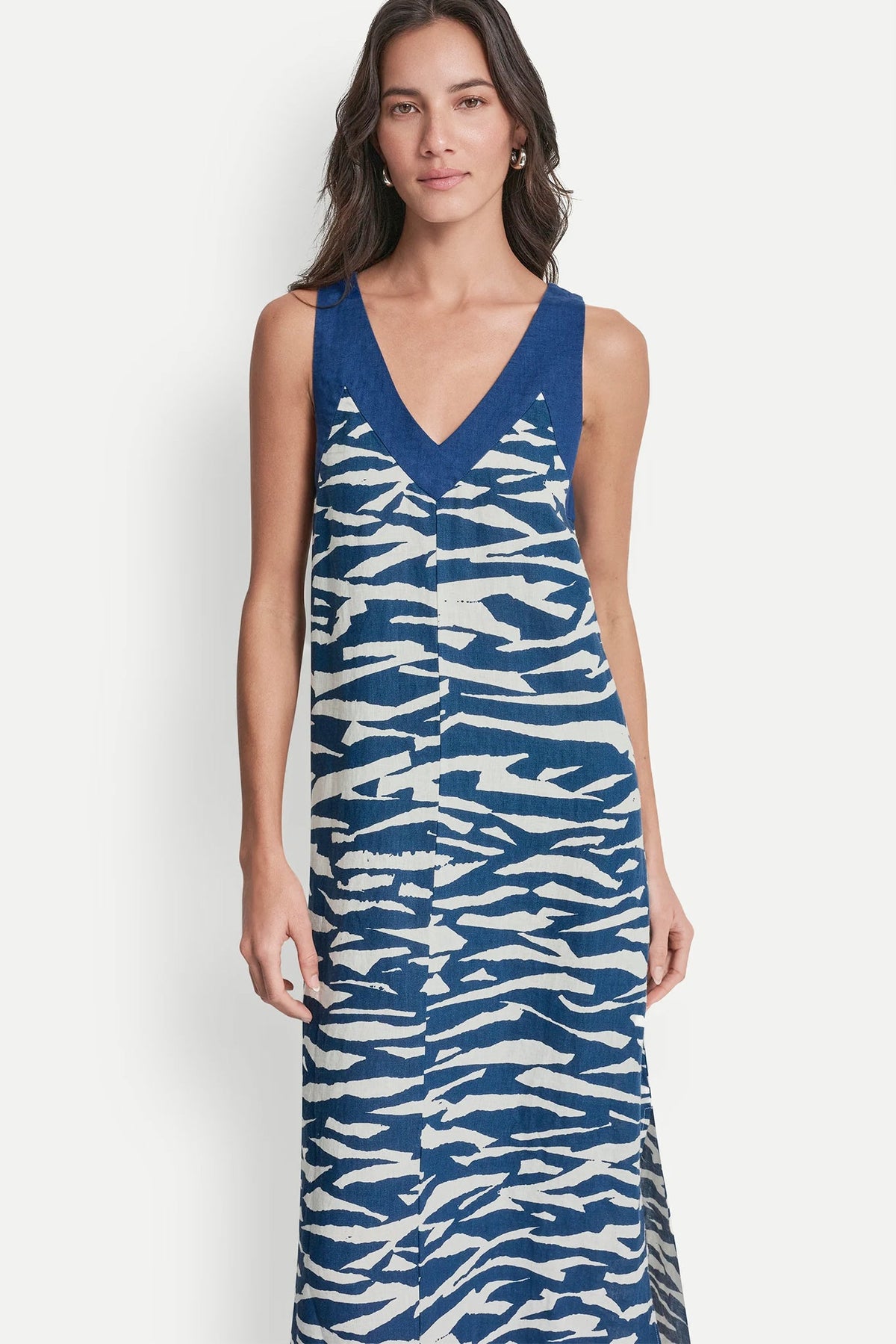 LINEN SLEEVELESS COLOR-BLOCK MIDI DRESS - Tidal Break/Admiral | DKNY