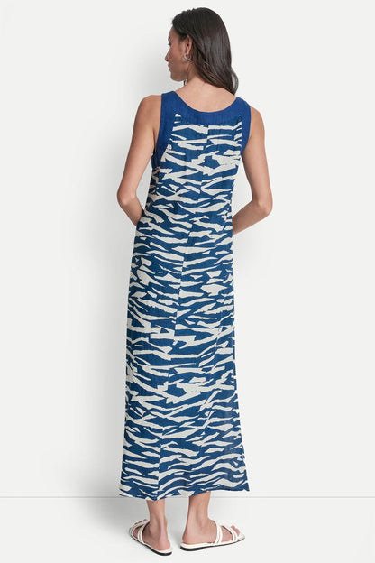 LINEN SLEEVELESS COLOR-BLOCK MIDI DRESS - Tidal Break/Admiral | DKNY