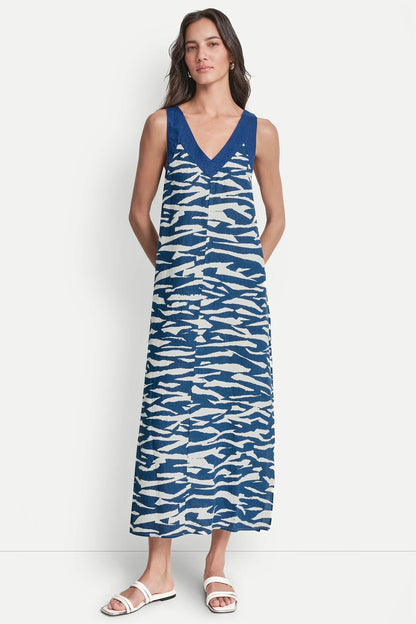 LINEN SLEEVELESS COLOR-BLOCK MIDI DRESS - Tidal Break/Admiral | DKNY