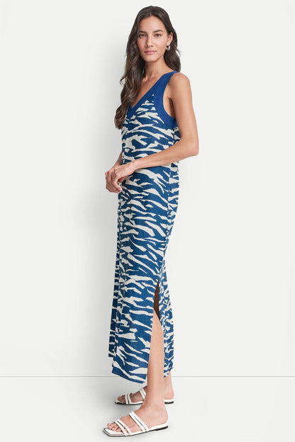 LINEN SLEEVELESS COLOR-BLOCK MIDI DRESS - Tidal Break/Admiral | DKNY