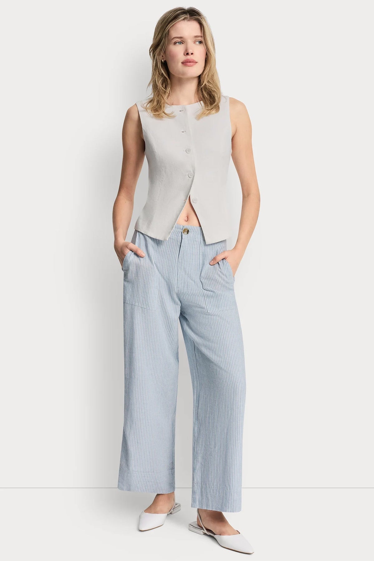 CROPPED WIDE LEG LINEN-BLEND PANTS - Lex Chambray | DKNY