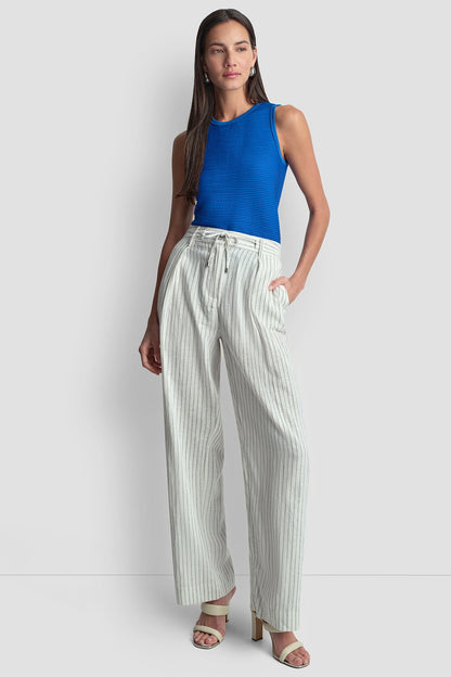 MID-RISE LINEN-BLEND PINSTRIPED PLEATED WIDE-LEG PANT - Ivory/Admiral | DKNY