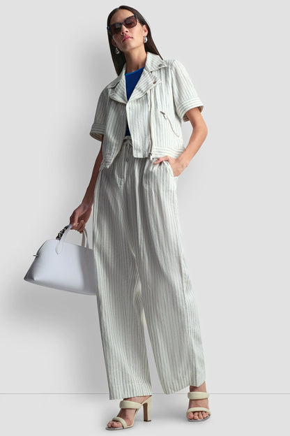 MID-RISE LINEN-BLEND PINSTRIPED PLEATED WIDE-LEG PANT - Ivory/Admiral | DKNY