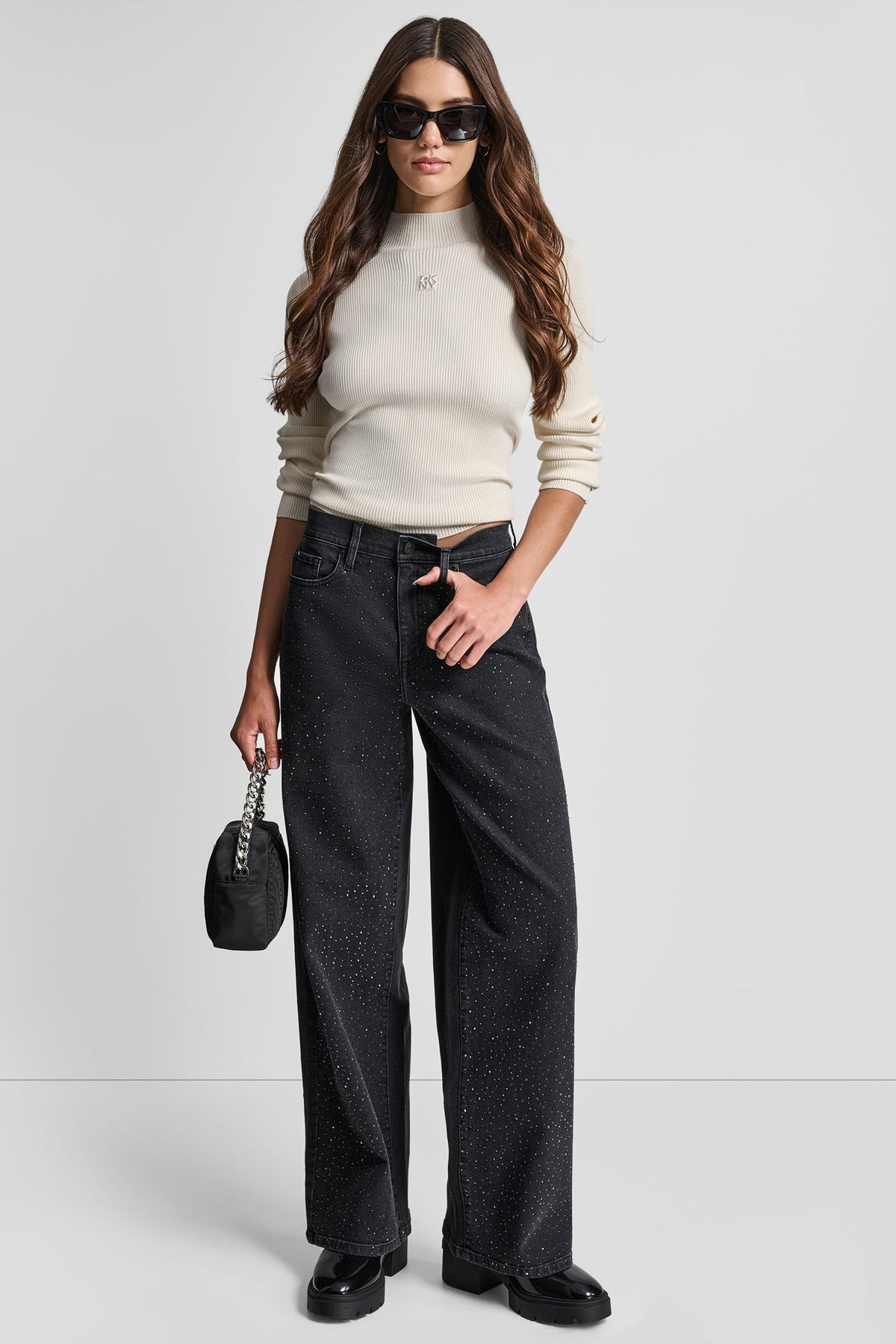 HIGH-RISE WIDE LEG WITH RHINESTONE EMBELLISHMENT - ANCHOR | DKNY