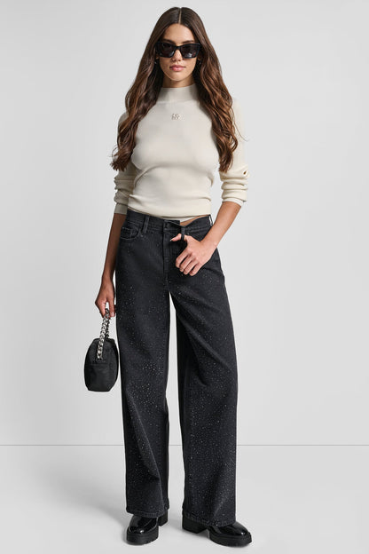 HIGH-RISE WIDE LEG WITH RHINESTONE EMBELLISHMENT - ANCHOR | DKNY