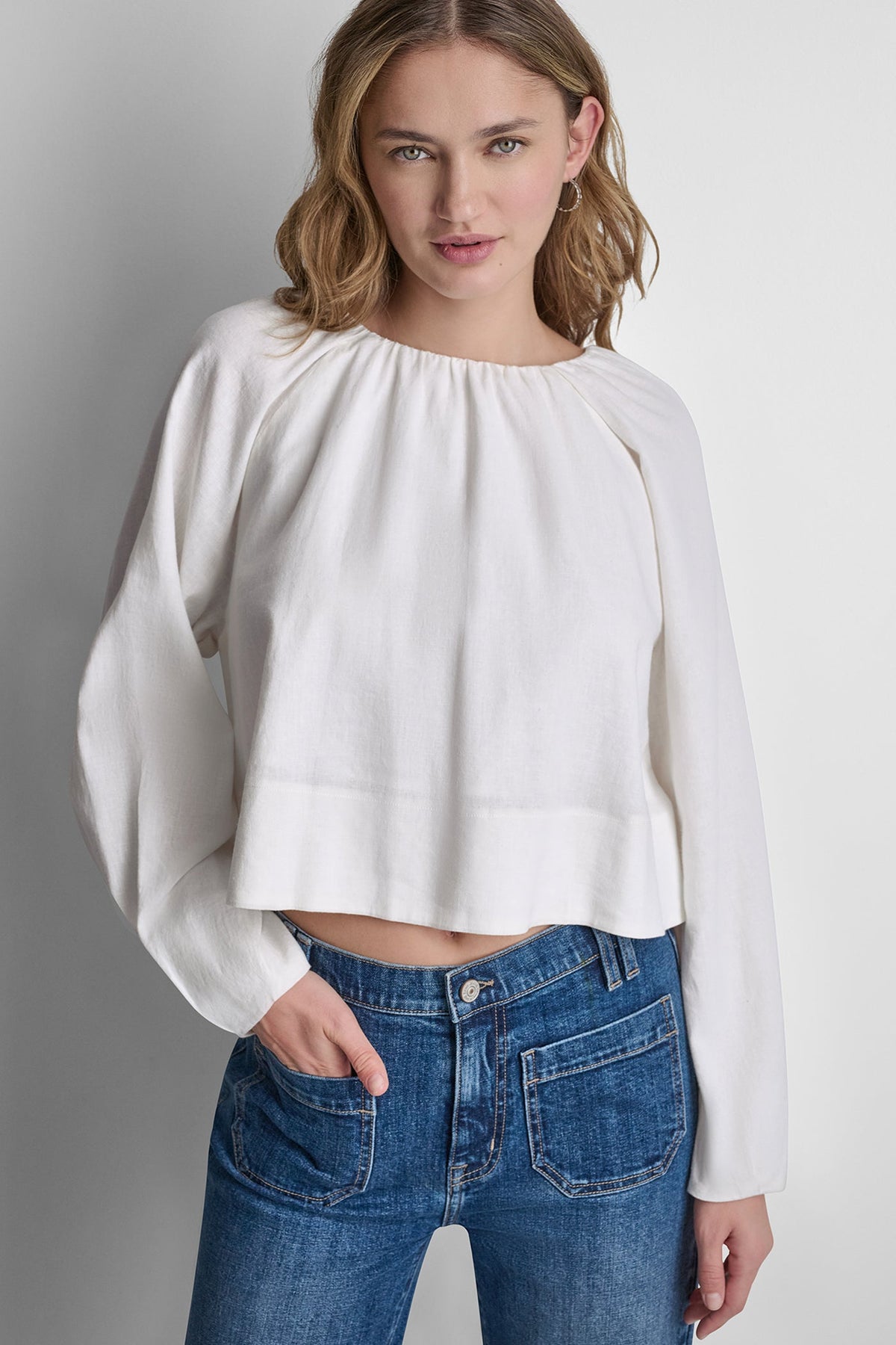 LINEN-BLEND RAGLAN SLEEVE BLOUSE - Frost Blue | DKNY