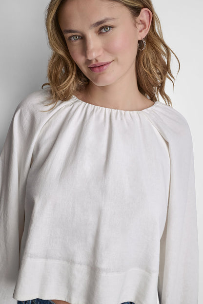 LINEN-BLEND RAGLAN SLEEVE BLOUSE - Frost Blue | DKNY