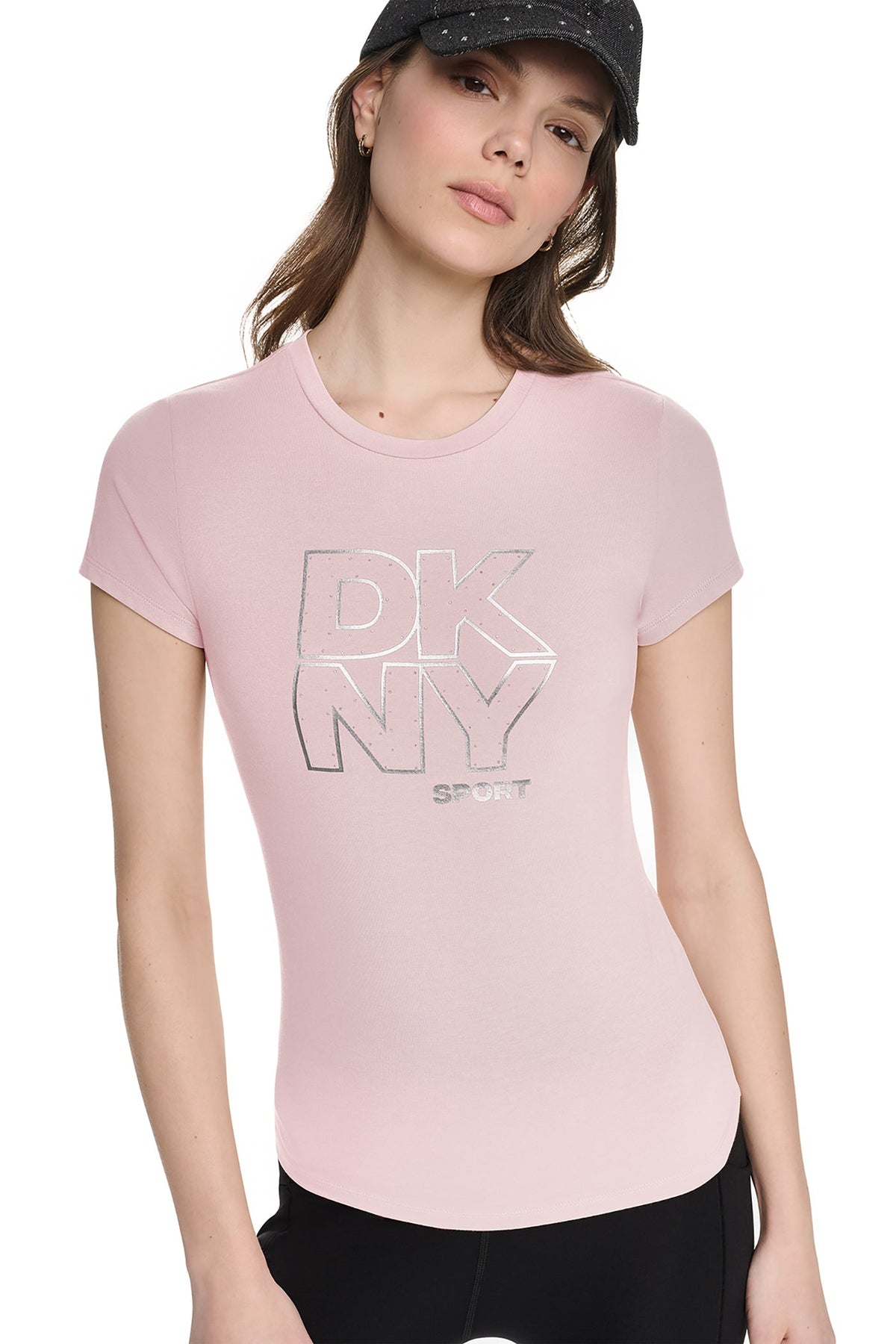 CRYSTAL METALLIC LOGO BABY TEE - Praline/Silver | DKNY
