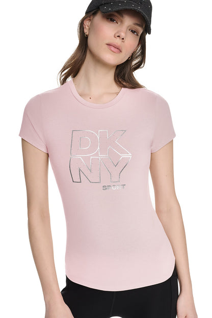 CRYSTAL METALLIC LOGO BABY TEE - Praline/Silver | DKNY
