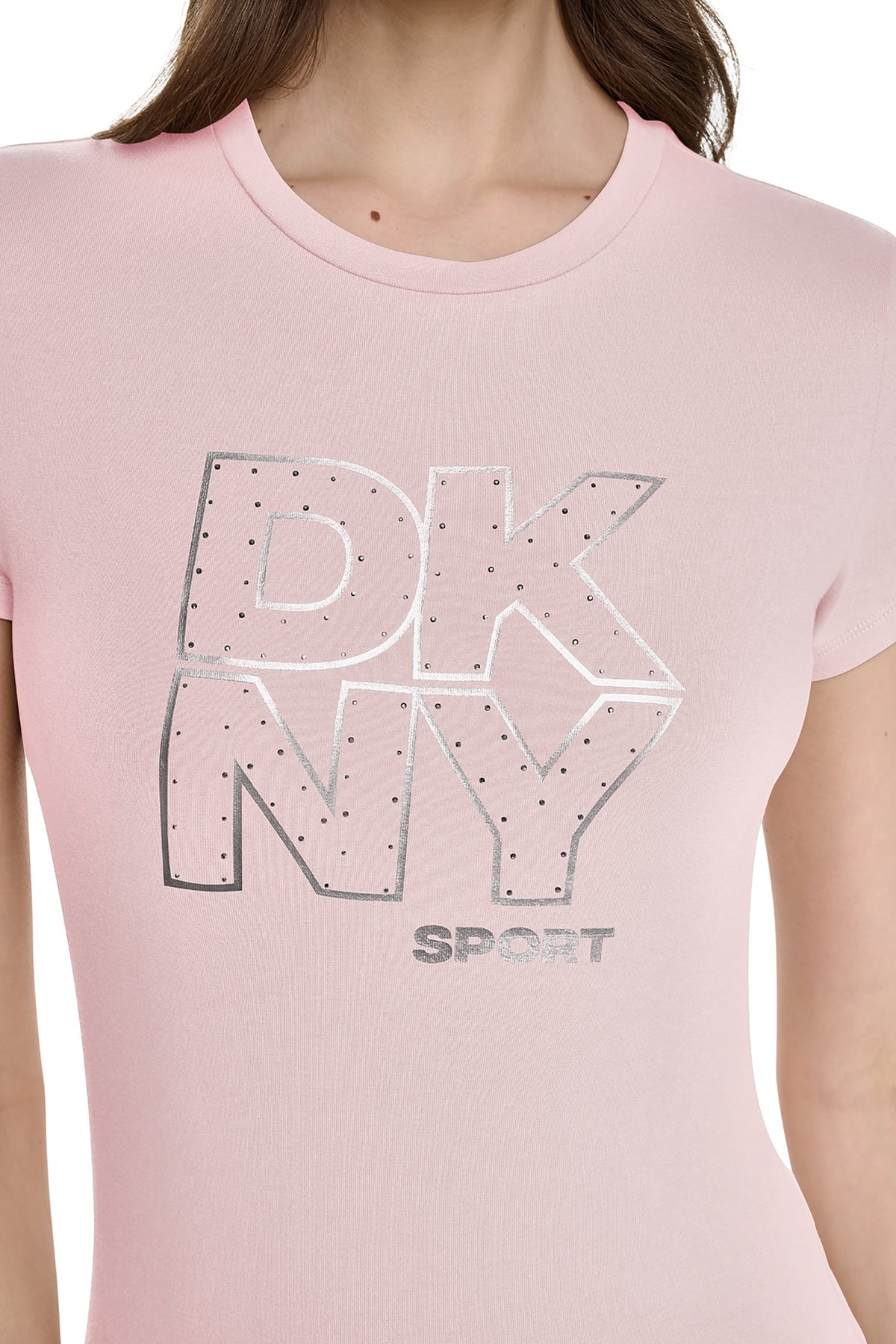 CRYSTAL METALLIC LOGO BABY TEE - Praline/Silver | DKNY