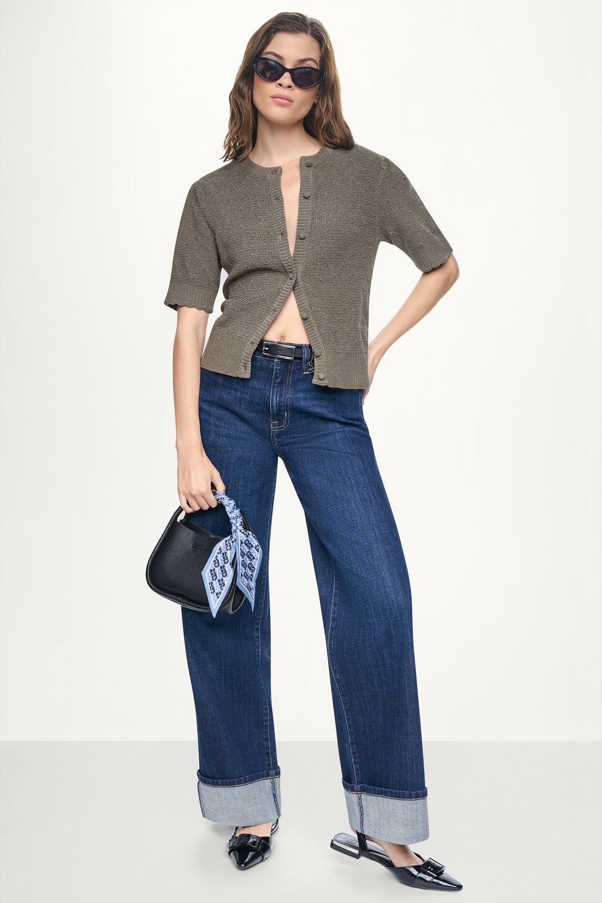 ELBOW SLEEVE CHENILLE CARDIGAN - Utility Green | DKNY