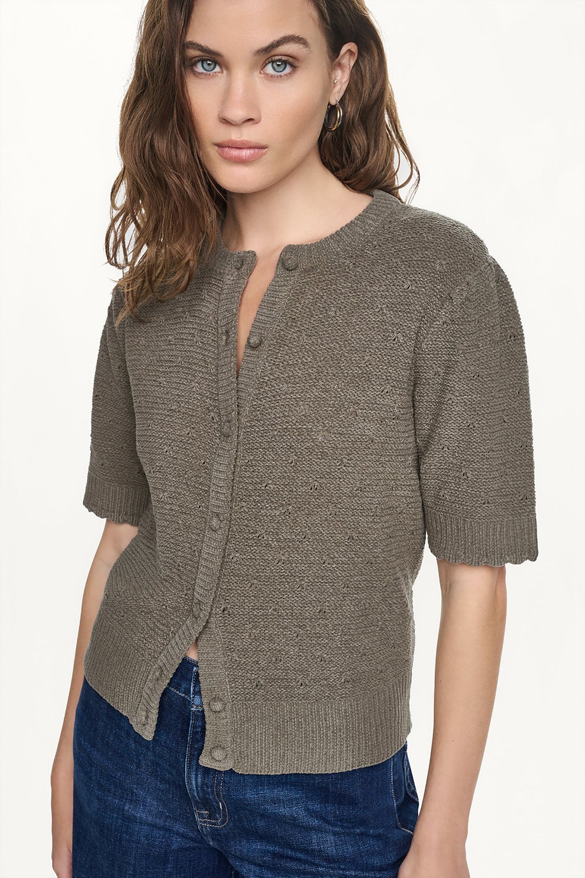 ELBOW SLEEVE CHENILLE CARDIGAN - Utility Green | DKNY
