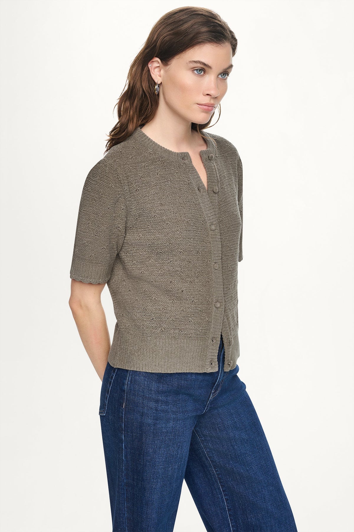 ELBOW SLEEVE CHENILLE CARDIGAN - Utility Green | DKNY