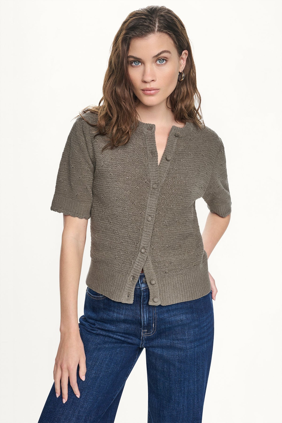 ELBOW SLEEVE CHENILLE CARDIGAN - Utility Green | DKNY