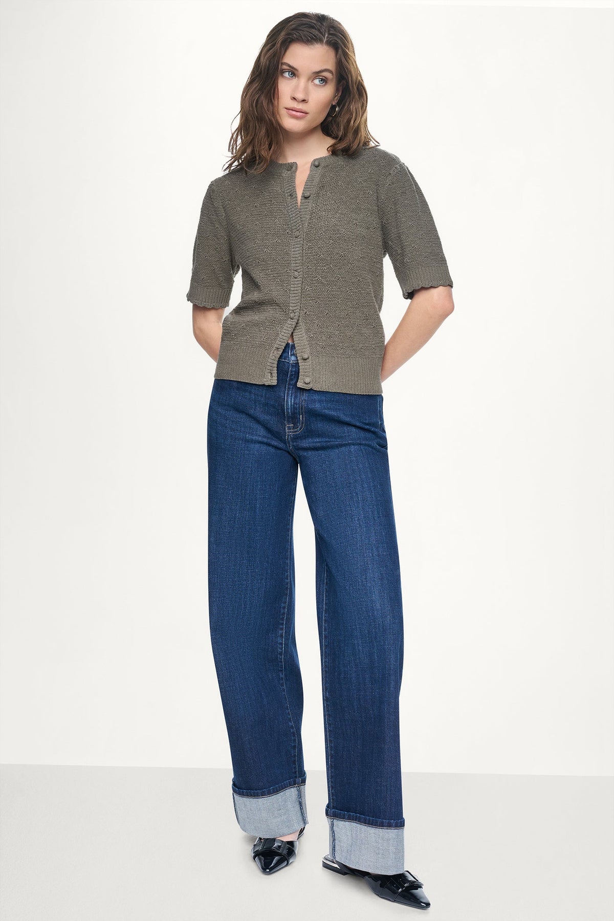 ELBOW SLEEVE CHENILLE CARDIGAN - Utility Green | DKNY