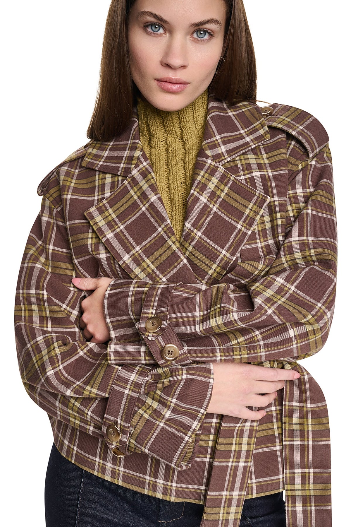 PLAID DOUBLE BREASTED SHORT TRENCH - Tribeca Plaid Chestnut | DKNY