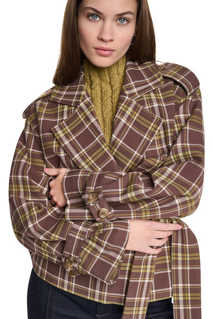 PLAID DOUBLE BREASTED SHORT TRENCH - Tribeca Plaid Chestnut | DKNY