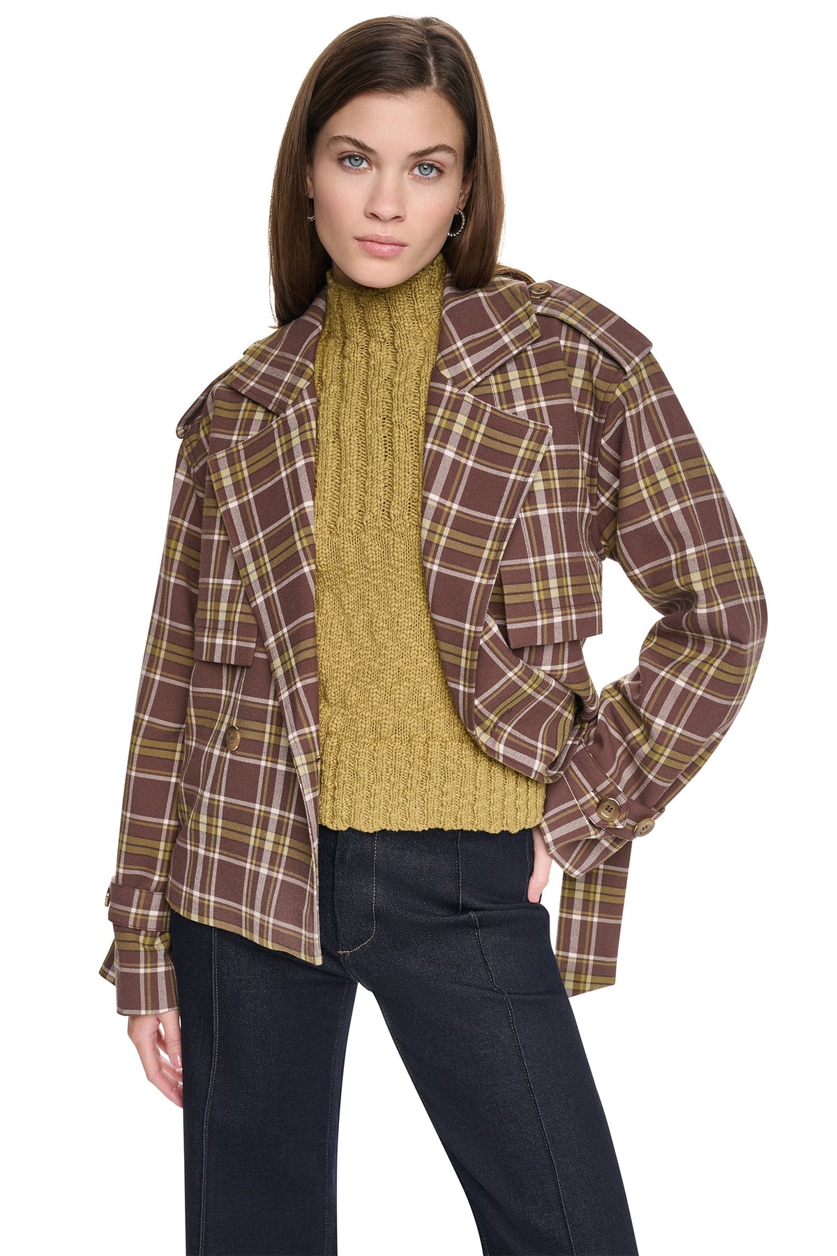 PLAID DOUBLE BREASTED SHORT TRENCH - Tribeca Plaid Chestnut | DKNY