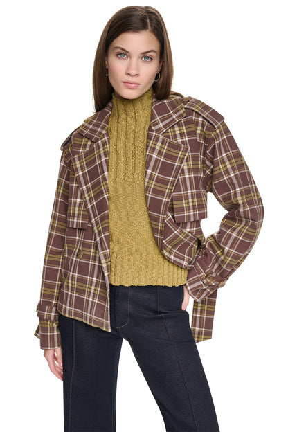PLAID DOUBLE BREASTED SHORT TRENCH - Tribeca Plaid Chestnut | DKNY