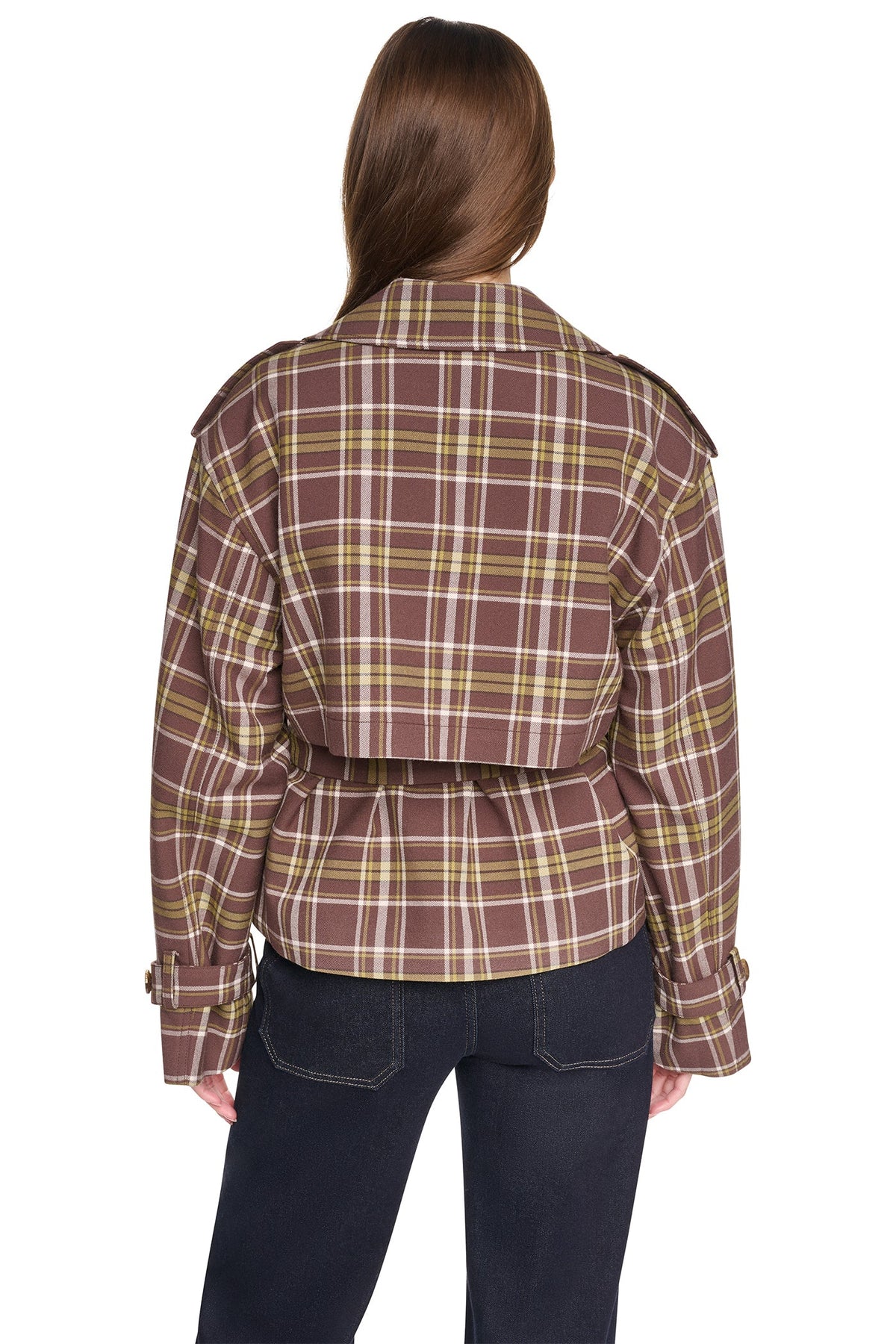 PLAID DOUBLE BREASTED SHORT TRENCH - Tribeca Plaid Chestnut | DKNY