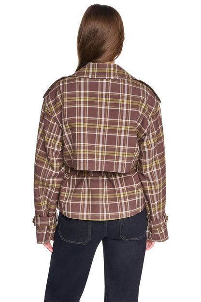 PLAID DOUBLE BREASTED SHORT TRENCH - Tribeca Plaid Chestnut | DKNY