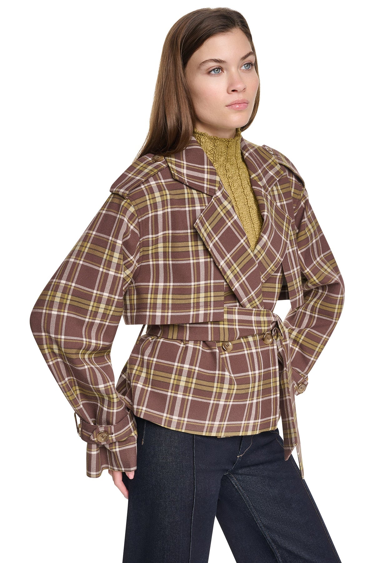 PLAID DOUBLE BREASTED SHORT TRENCH - Tribeca Plaid Chestnut | DKNY