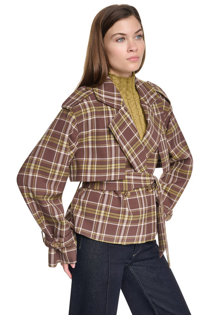 PLAID DOUBLE BREASTED SHORT TRENCH - Tribeca Plaid Chestnut | DKNY