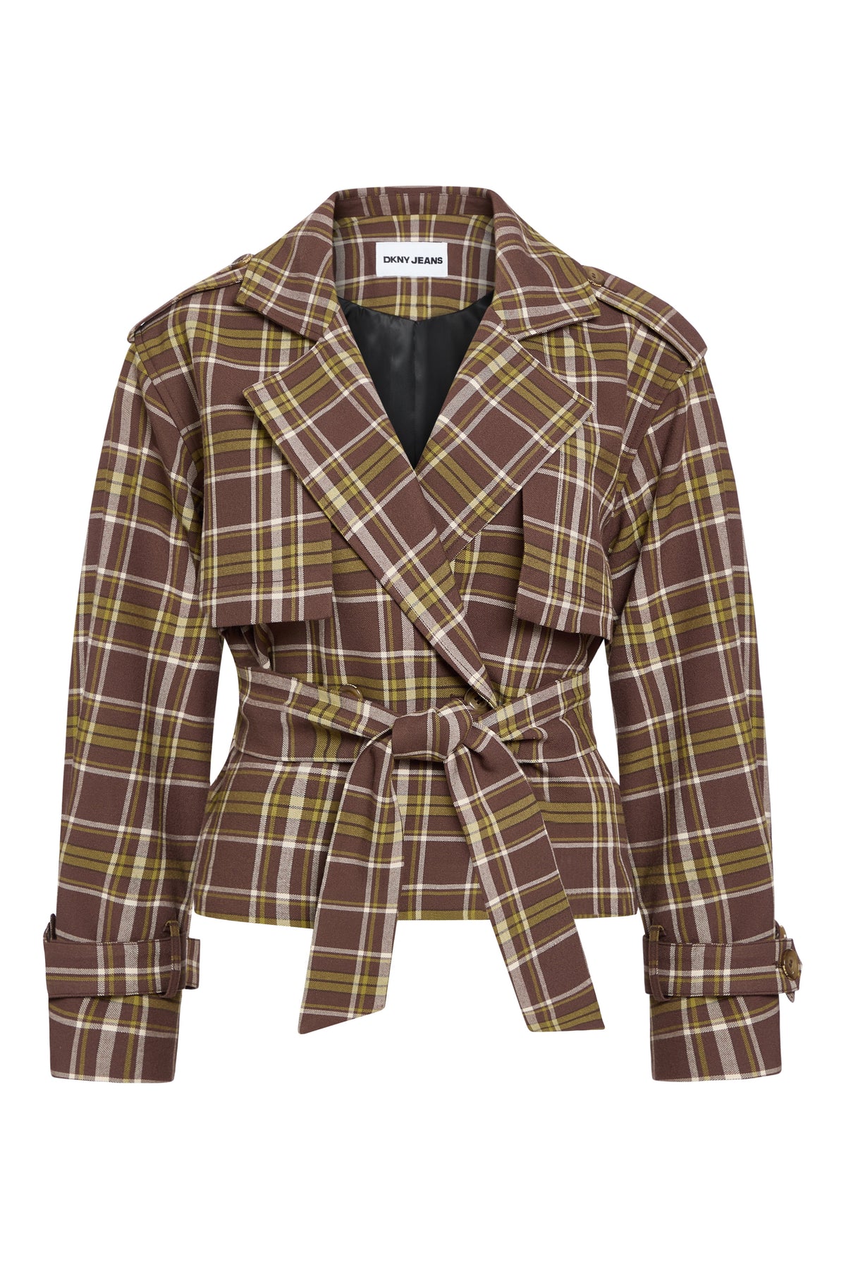 PLAID DOUBLE BREASTED SHORT TRENCH - Tribeca Plaid Chestnut | DKNY