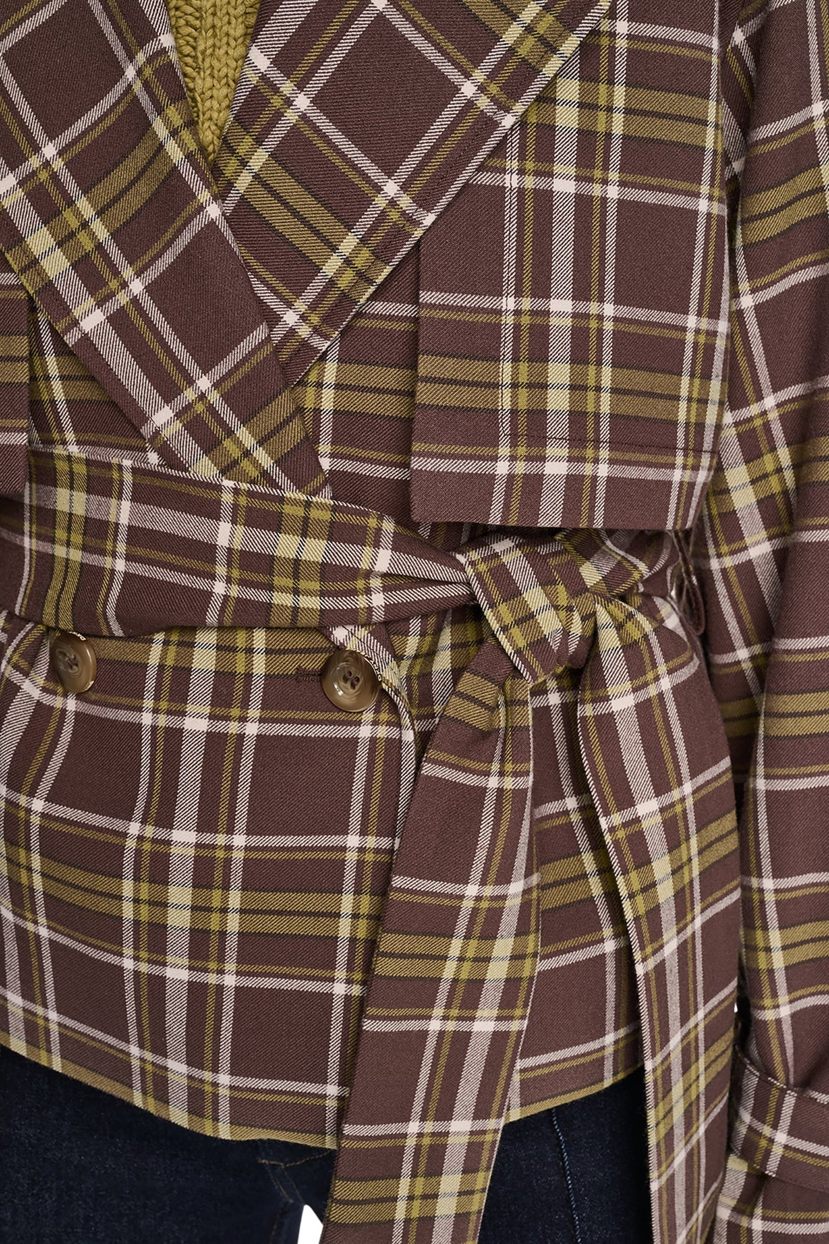 PLAID DOUBLE BREASTED SHORT TRENCH - Tribeca Plaid Chestnut | DKNY