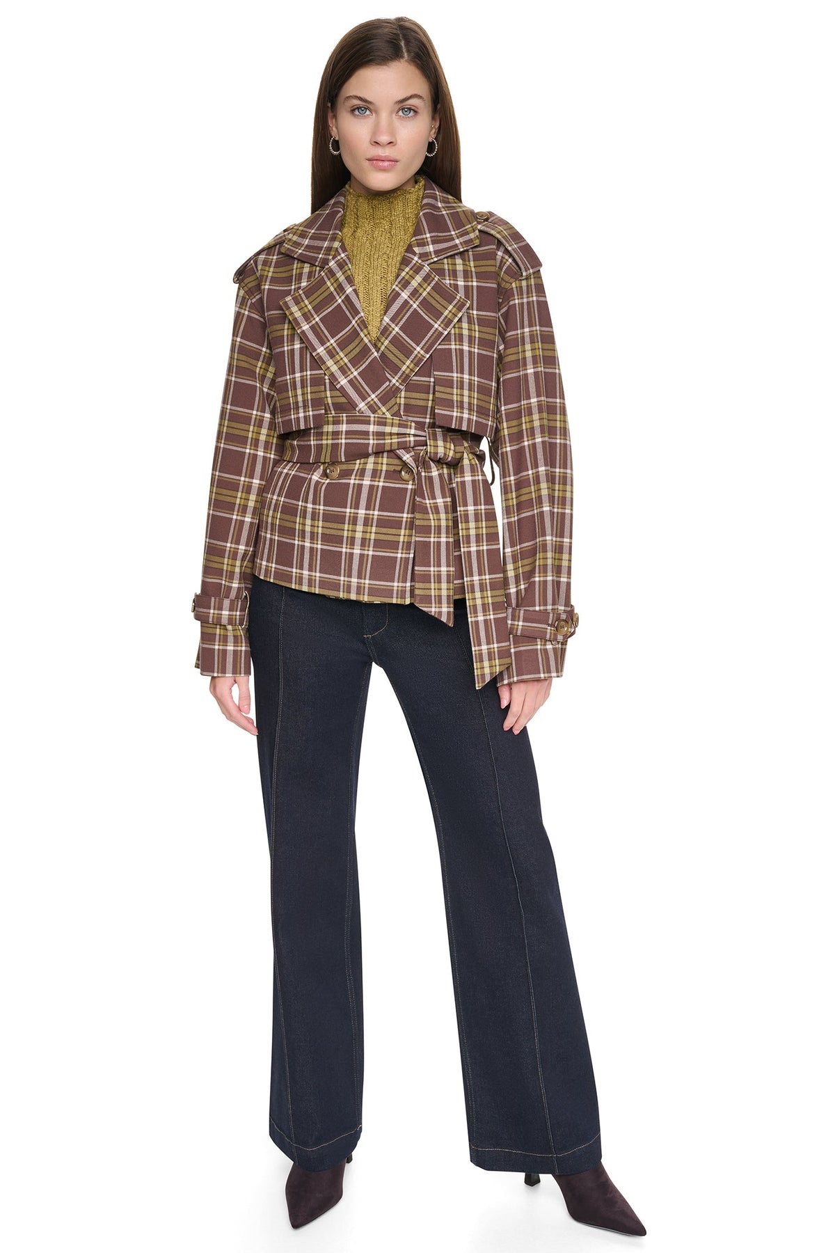 PLAID DOUBLE BREASTED SHORT TRENCH - Tribeca Plaid Chestnut | DKNY