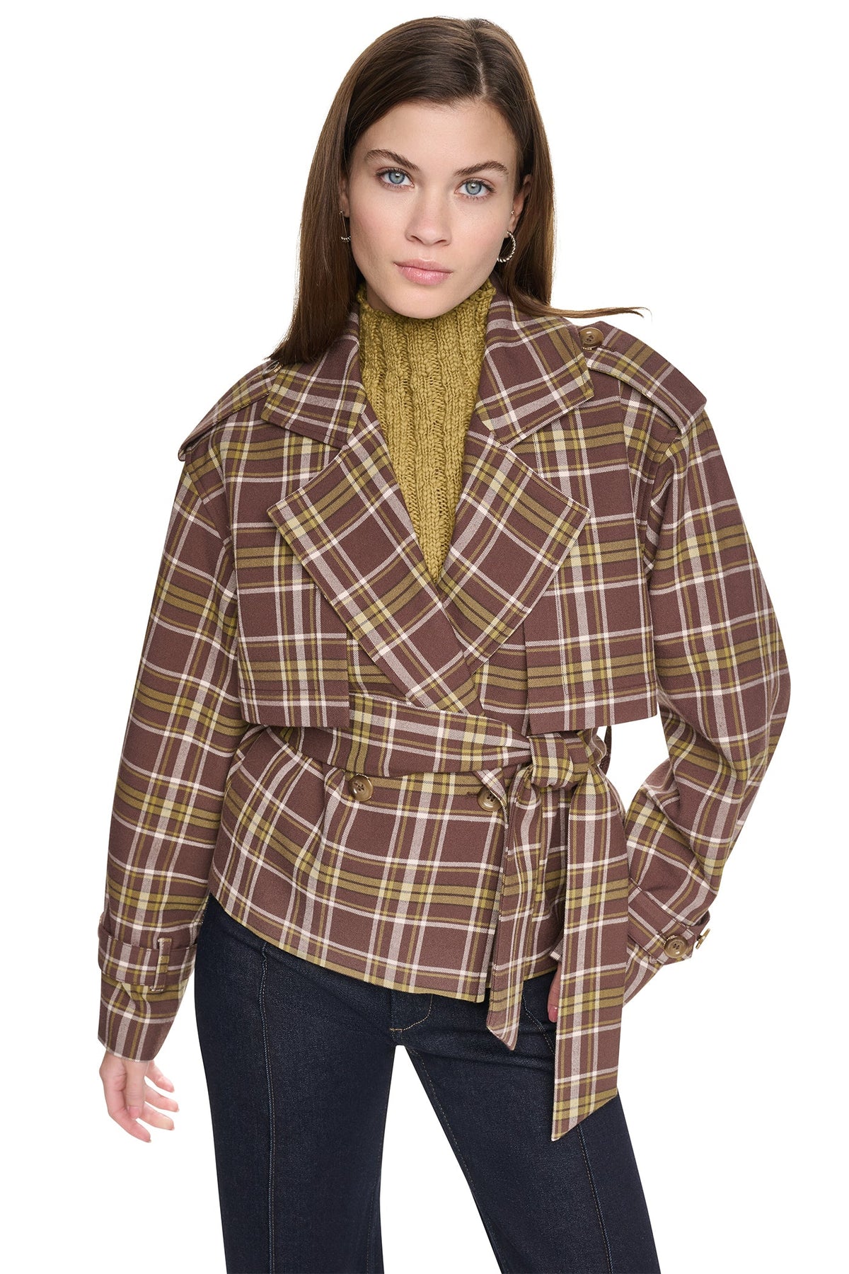 PLAID DOUBLE BREASTED SHORT TRENCH - Tribeca Plaid Chestnut | DKNY