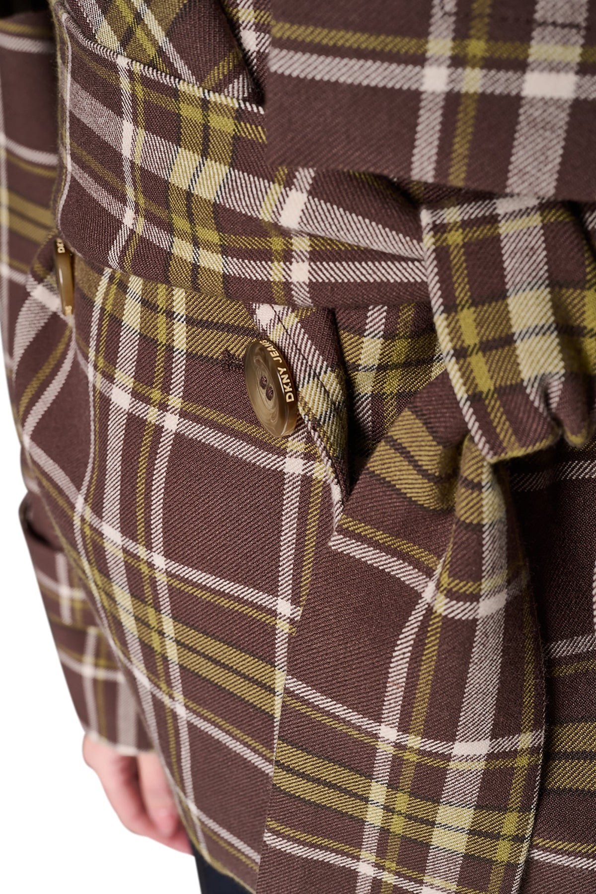 PLAID DOUBLE BREASTED SHORT TRENCH - Tribeca Plaid Chestnut | DKNY