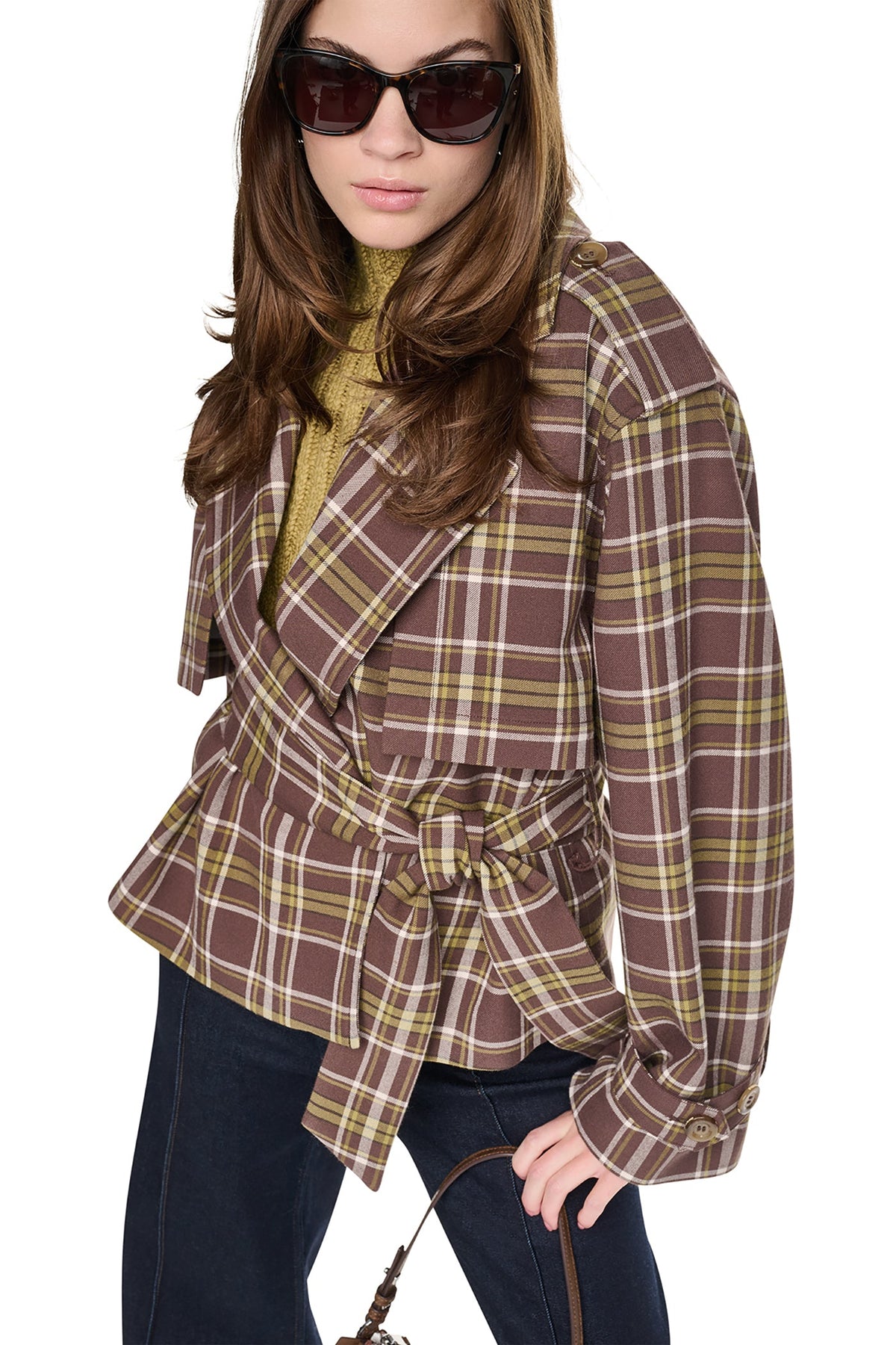 PLAID DOUBLE BREASTED SHORT TRENCH - Tribeca Plaid Chestnut | DKNY