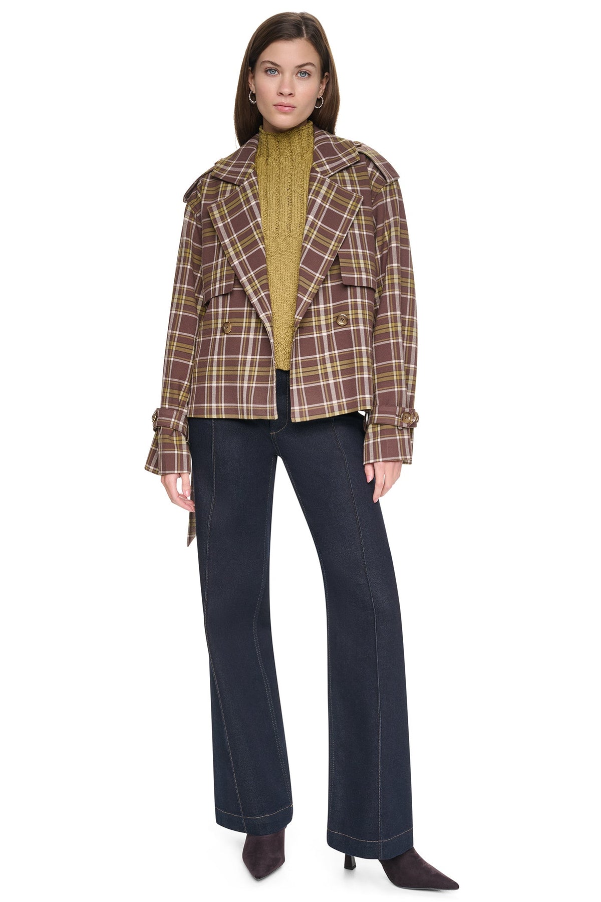 PLAID DOUBLE BREASTED SHORT TRENCH - Tribeca Plaid Chestnut | DKNY