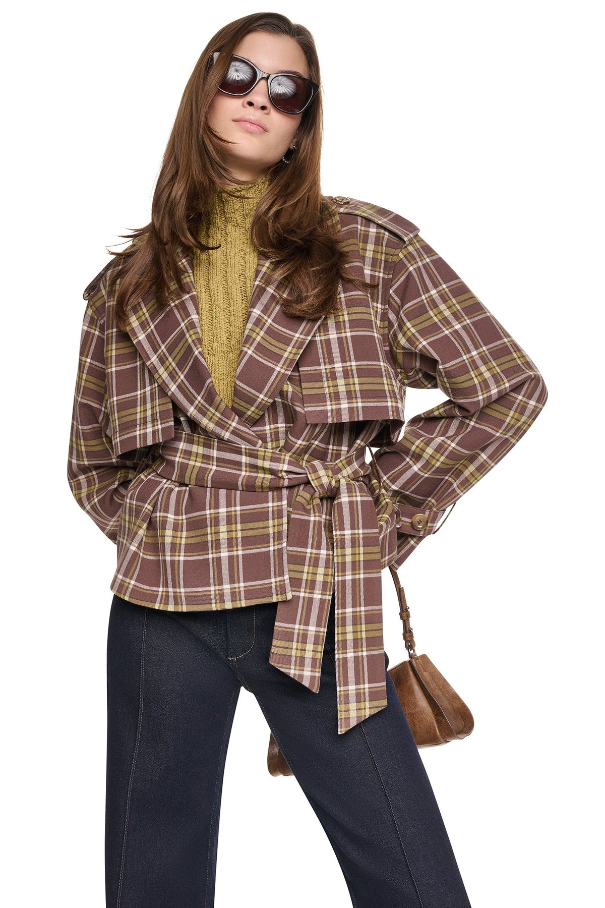 PLAID DOUBLE BREASTED SHORT TRENCH - Tribeca Plaid Chestnut | DKNY