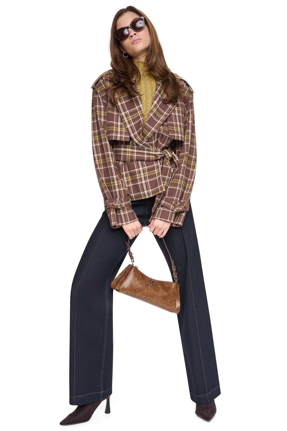 PLAID DOUBLE BREASTED SHORT TRENCH - Tribeca Plaid Chestnut | DKNY