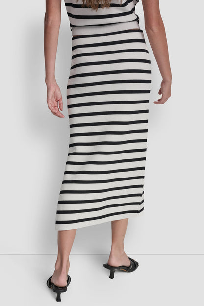 STRIPED MIDI SKIRT WITH SIDE SLIT - Ivory/Black | DKNY