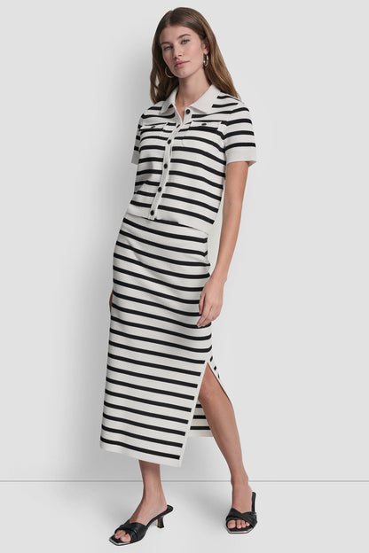 STRIPED MIDI SKIRT WITH SIDE SLIT - Ivory/Black | DKNY