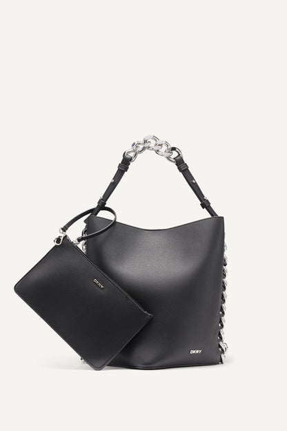 RIONA CHAIN-TRIMMED BUCKET BAG - Black | DKNY