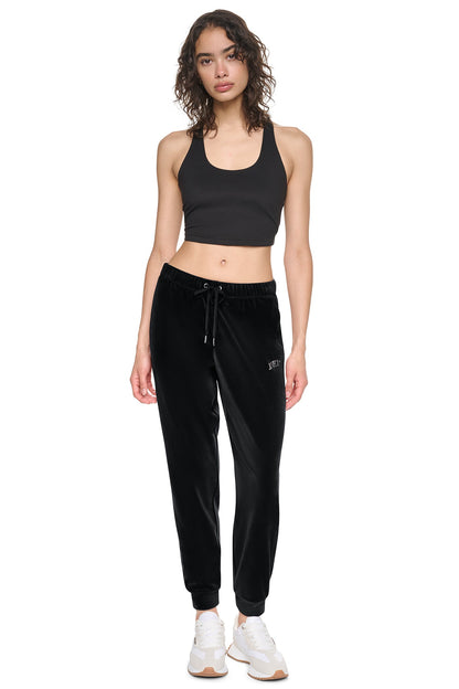 VARSITY VELOUR RHINESTONE LOGO MID-RISE JOGGER - Claret | DKNY