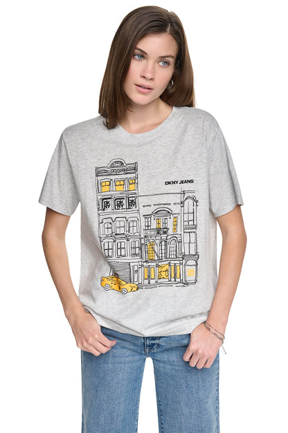 DOWNTOWN SKETCH TEE - Sky Grey Heather/Taxi Cab | DKNY