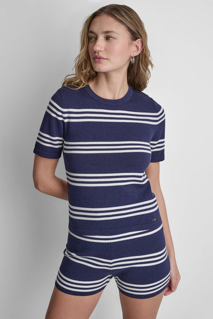 ELBOW SLEEVE STRIPED SWEATER - Peacoat/Ivory | DKNY