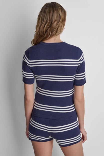 ELBOW SLEEVE STRIPED SWEATER - Peacoat/Ivory | DKNY