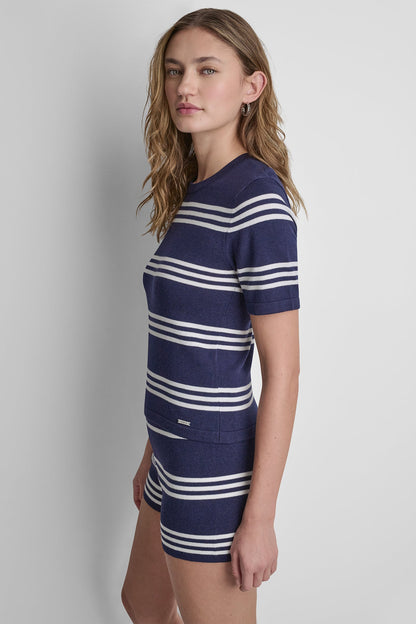 ELBOW SLEEVE STRIPED SWEATER - Peacoat/Ivory | DKNY