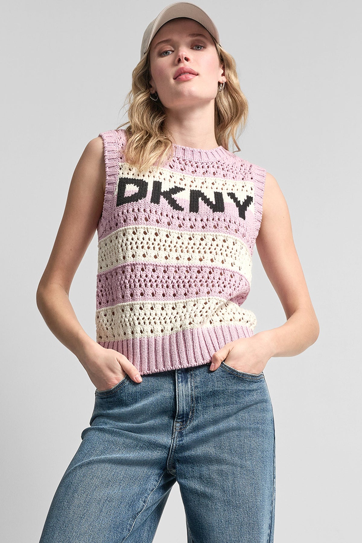 STRIPED POINTELLE STITCH SWEATER - Mineral/Ivory/Pebble | DKNY