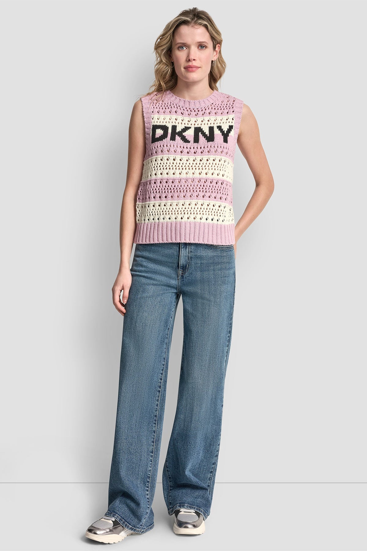 STRIPED POINTELLE STITCH SWEATER - Mineral/Ivory/Pebble | DKNY