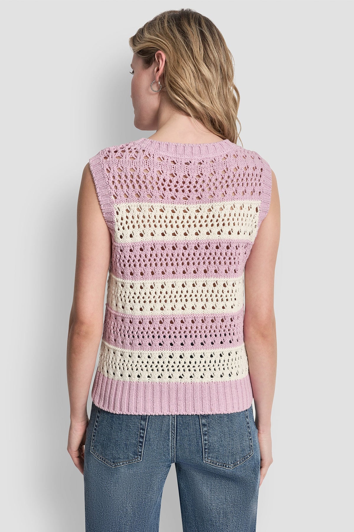 STRIPED POINTELLE STITCH SWEATER - Mineral/Ivory/Pebble | DKNY