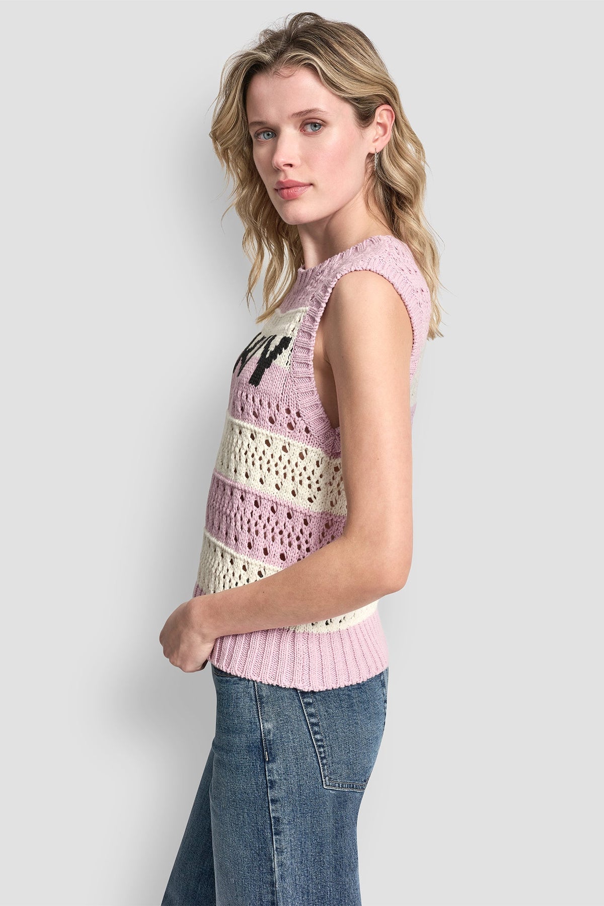 STRIPED POINTELLE STITCH SWEATER - Mineral/Ivory/Pebble | DKNY
