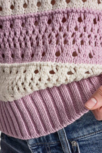 STRIPED POINTELLE STITCH SWEATER - Mineral/Ivory/Pebble | DKNY